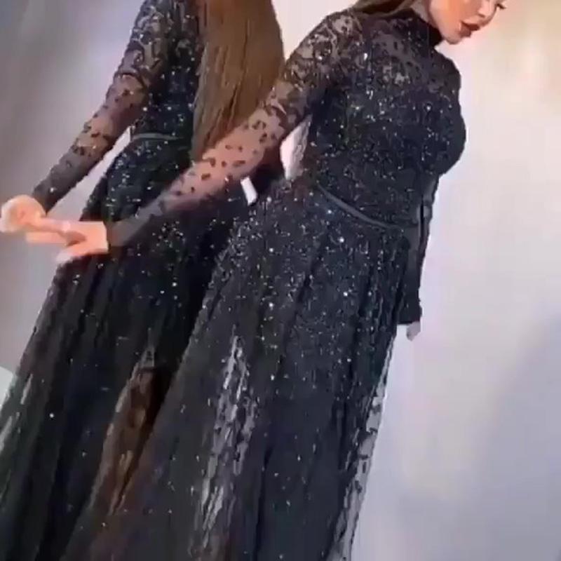 Black Lace Turtle Neck Long Sleeve Prom Dress