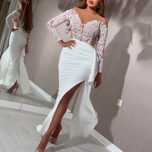 White Sparkling Long Sleeve Mermaid Slit Prom Dress