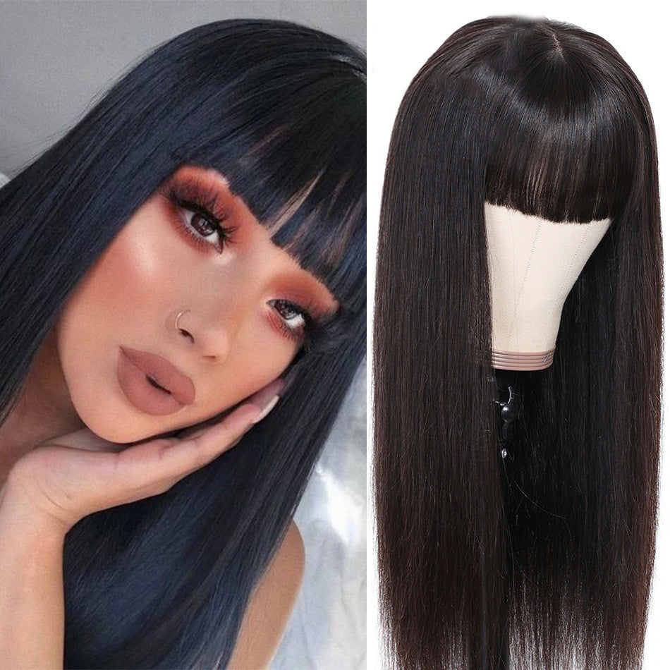 Black Straight Human Hair Wig With Bangs (8 different inch lengths)