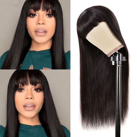 Black Straight Human Hair Wig With Bangs (8 different inch lengths)