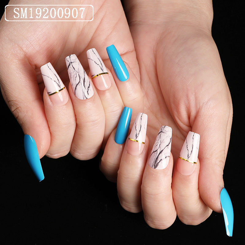 Blue and White Marble Short Coffin Press On Nails