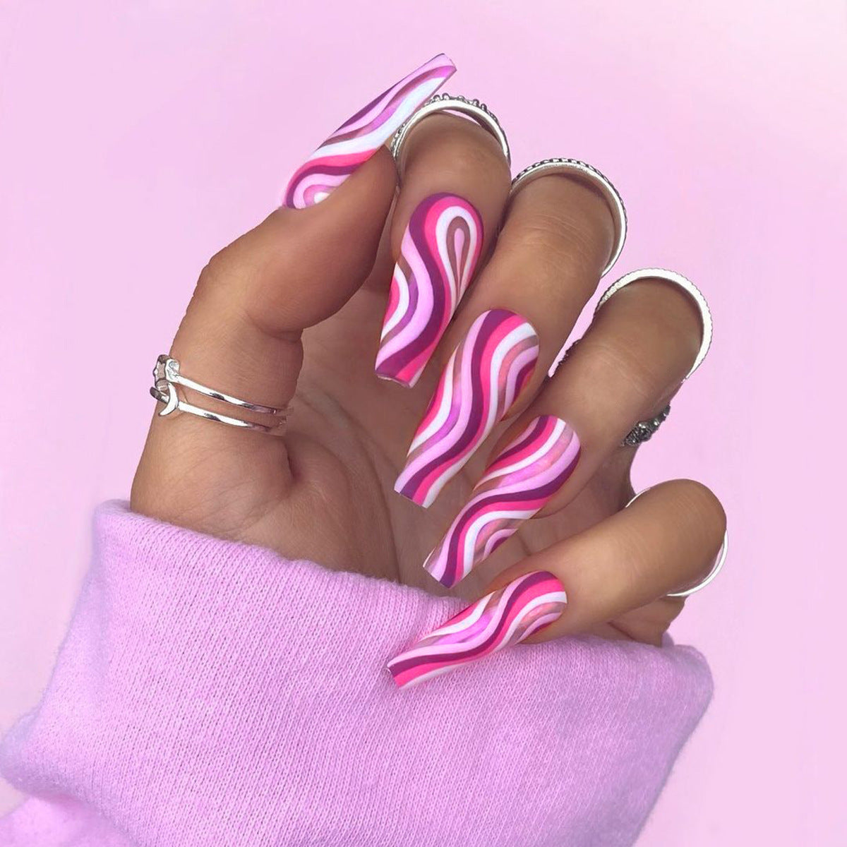 Pink Wavy Handmade Medium Coffin Press On Nails