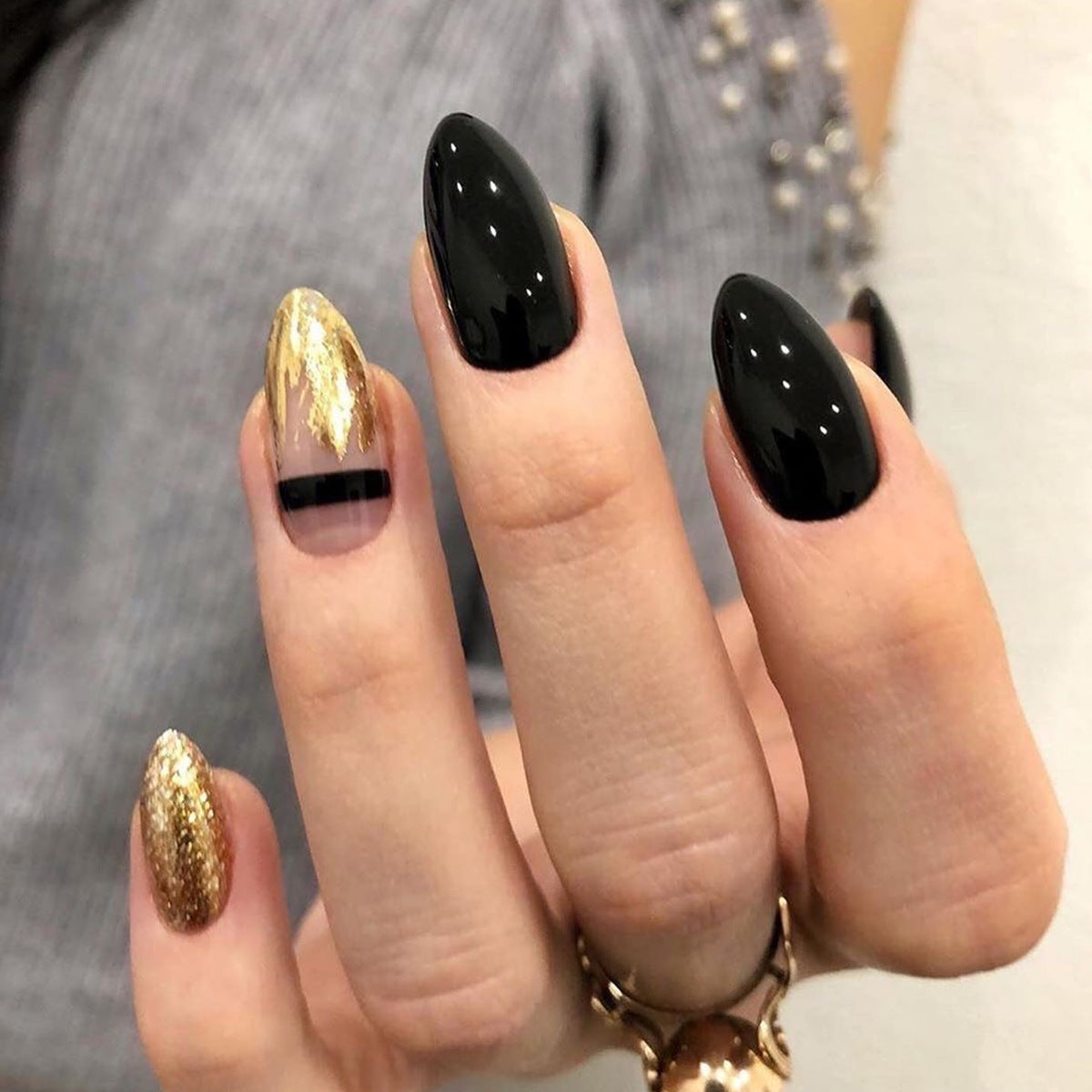 Black and Gold Handmade Short Stiletto Press On Nails