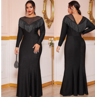 Black Plus Size Tassel V Neck Prom Dress