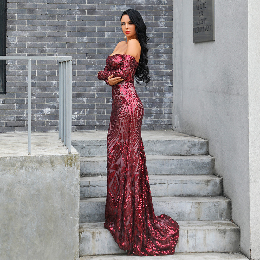 Long Sleeve Off The Shoulder Sequined Wine Red Prom Dress