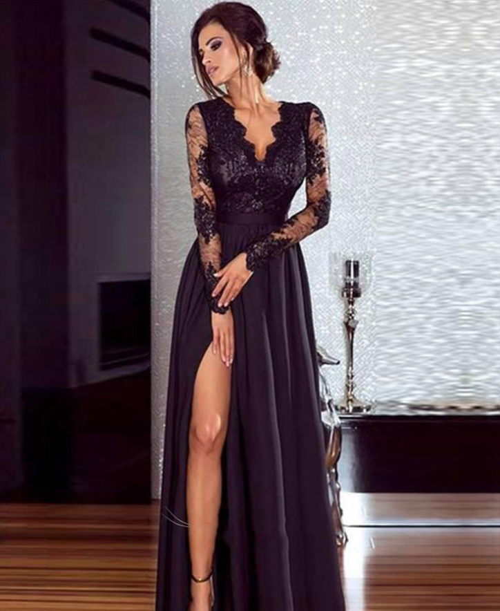 V Neck Floral Lace Prom Dress (3 colors)