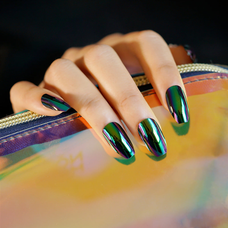 Rainbow Color Changing Mirror Short Coffin Press On Nails