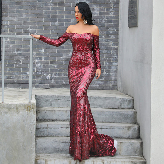 Long Sleeve Off The Shoulder Sequined Wine Red Prom Dress