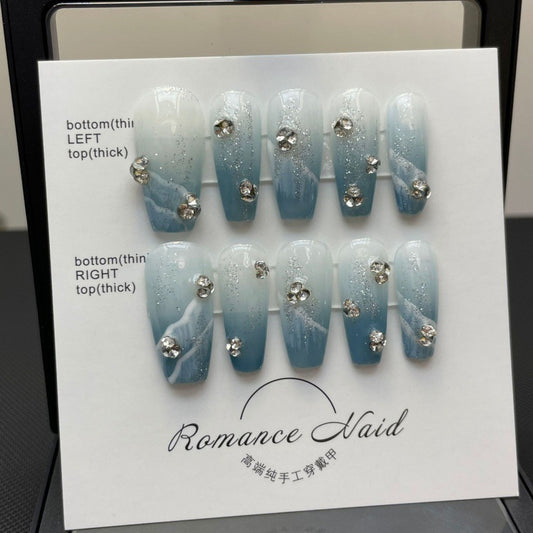 Medium Handmade Blue Diamond Press On Nails