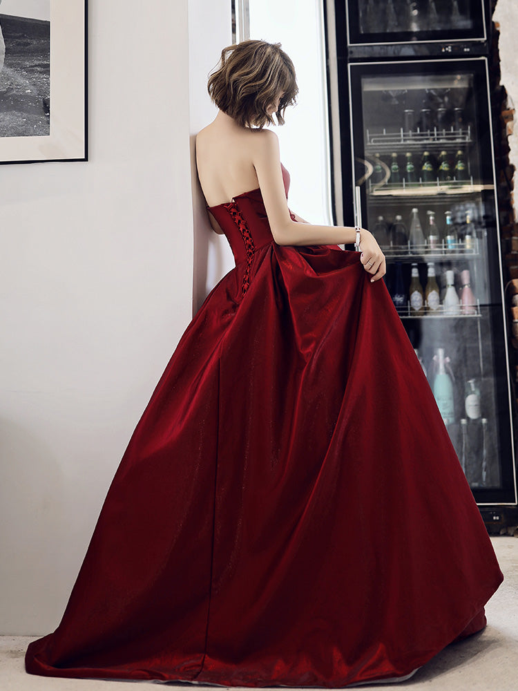 Wine Red Strapless Prom Dress