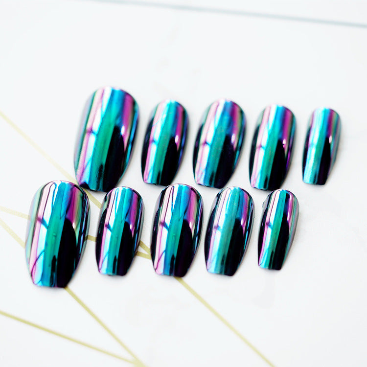 Rainbow Color Changing Mirror Short Coffin Press On Nails