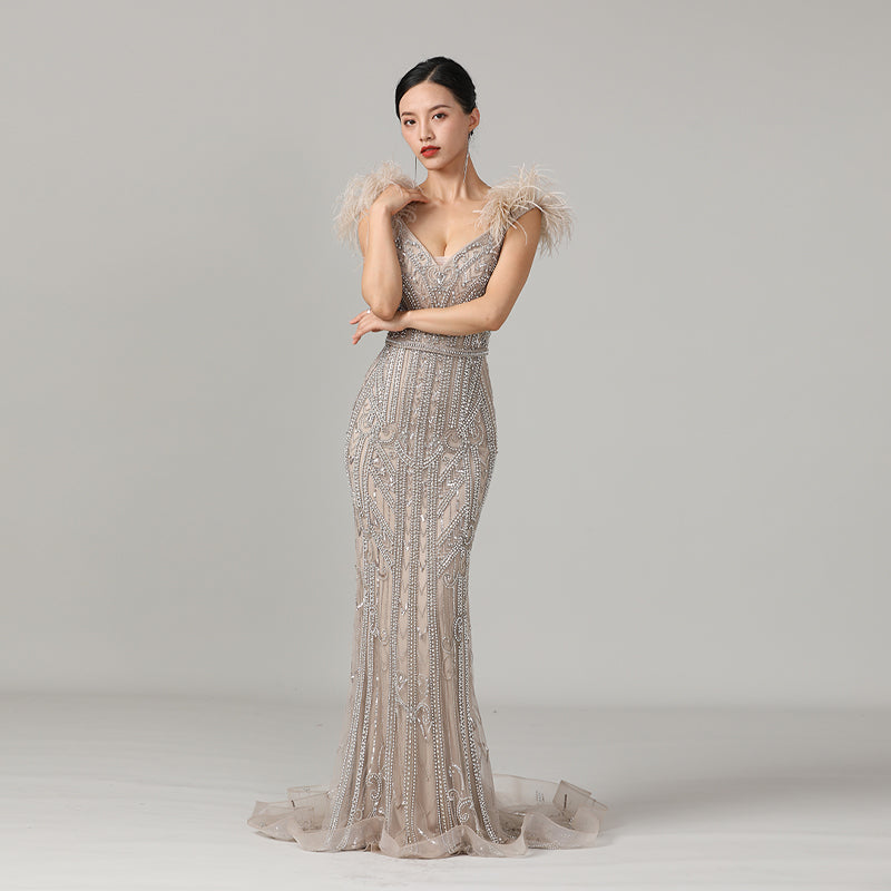 Champagne Beaded Mermaid Prom Dress