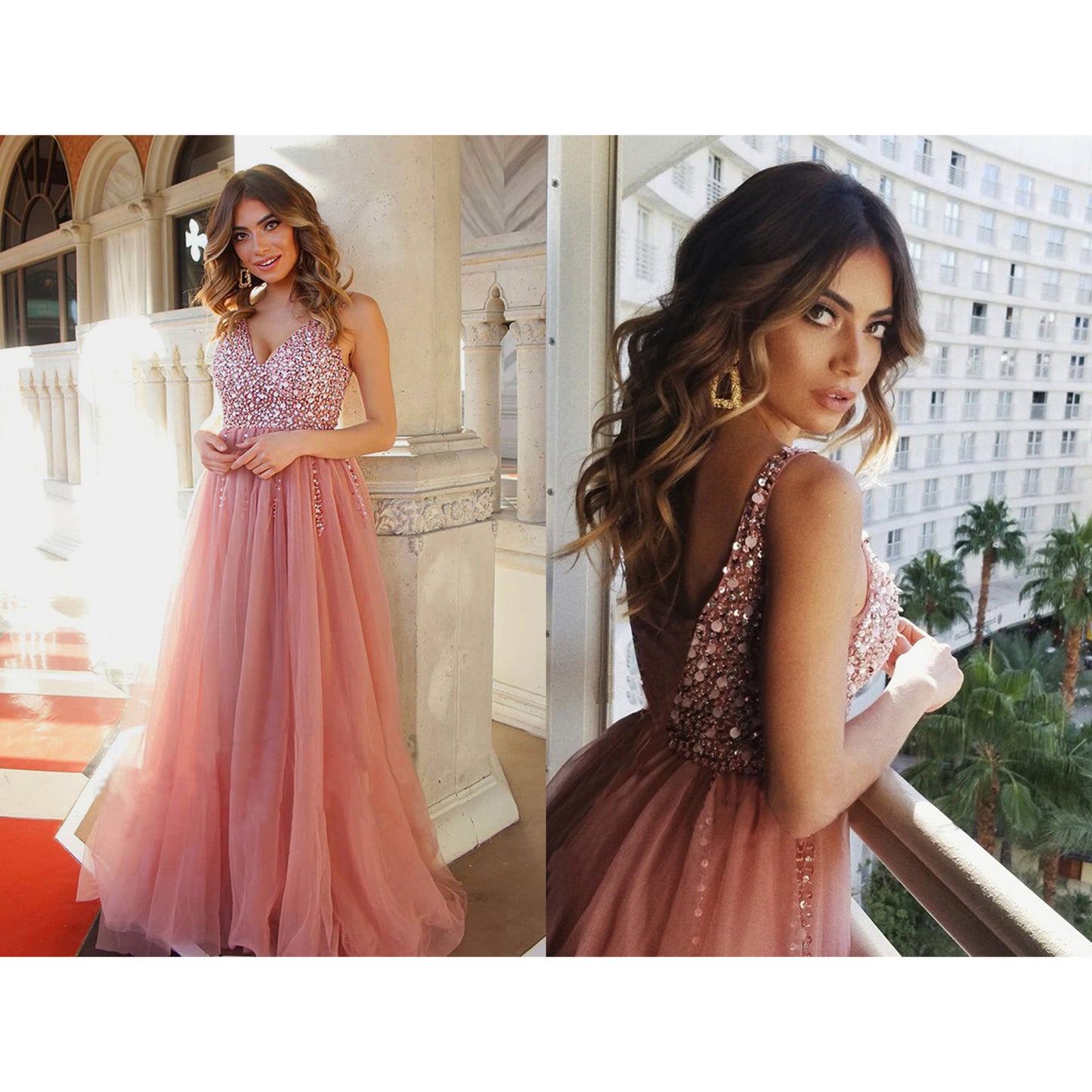 V Neck Sequined Prom Dress (2 colors)