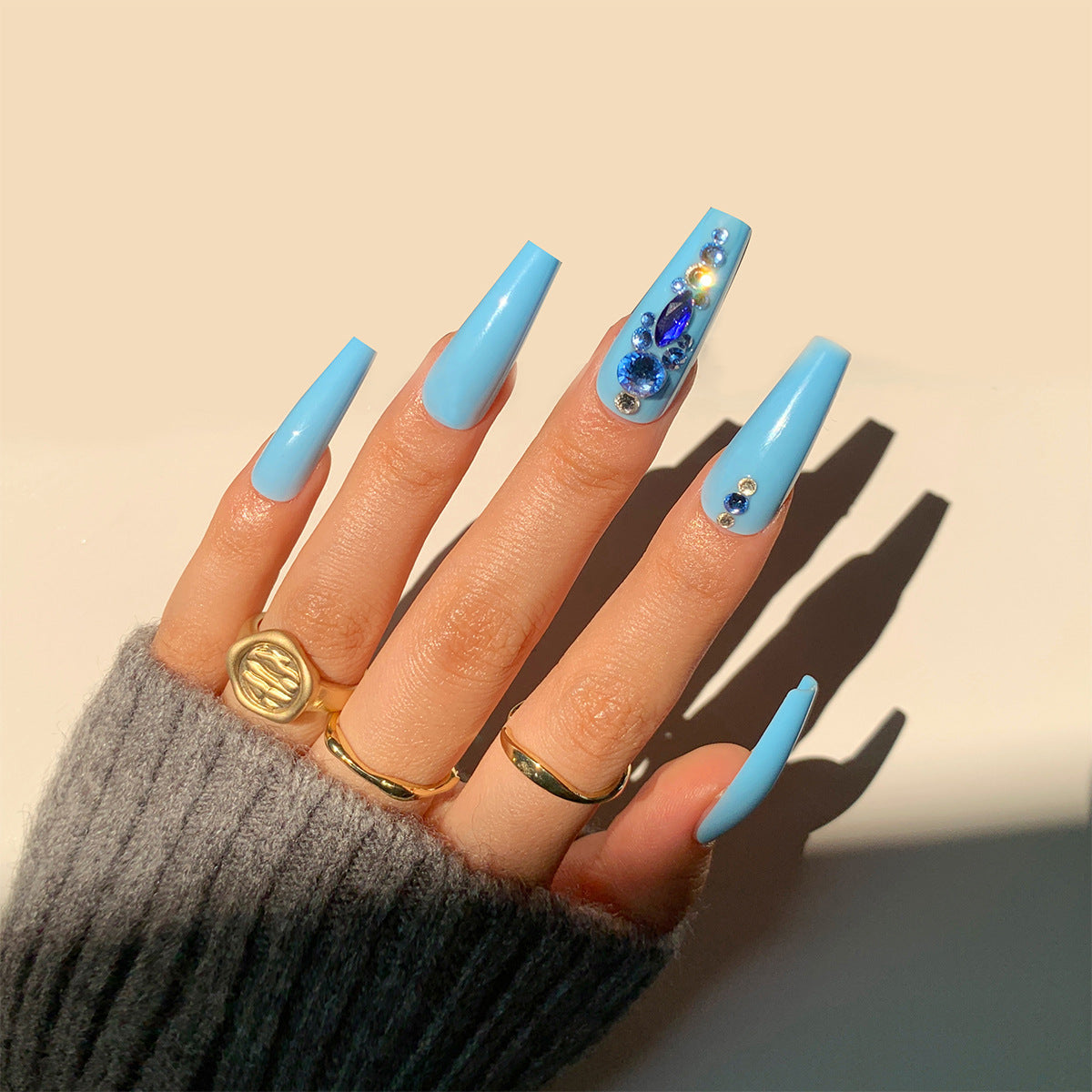 Blue Diamond Medium Coffin Press On Nails