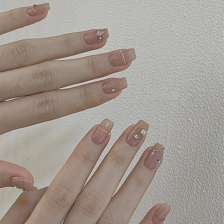 Short Nude Diamond Handmade Press On Nails