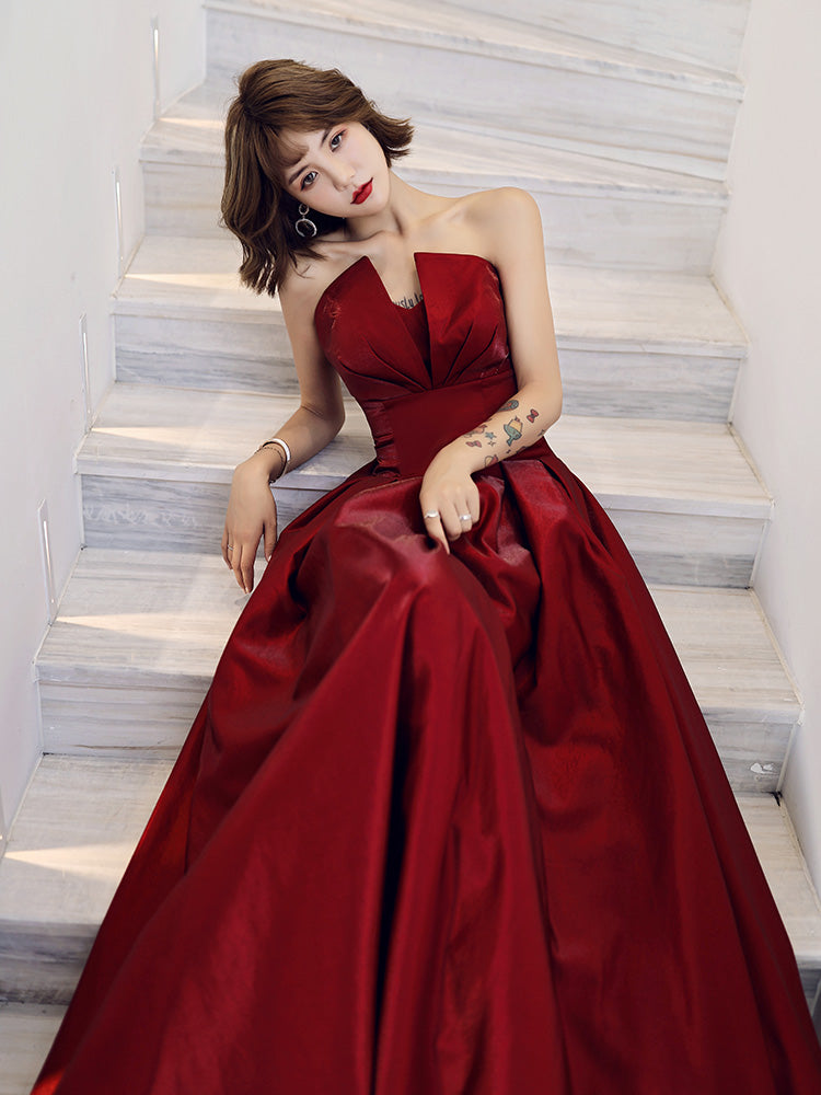 Wine Red Strapless Prom Dress