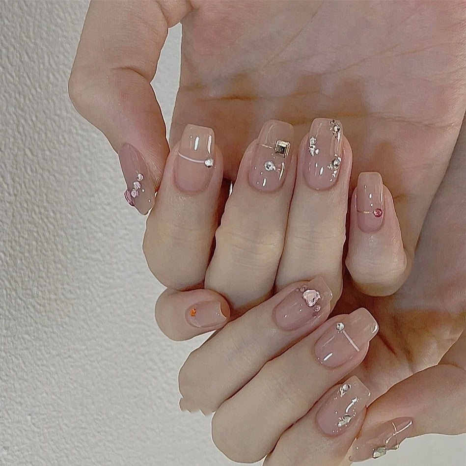 Short Nude Diamond Handmade Press On Nails