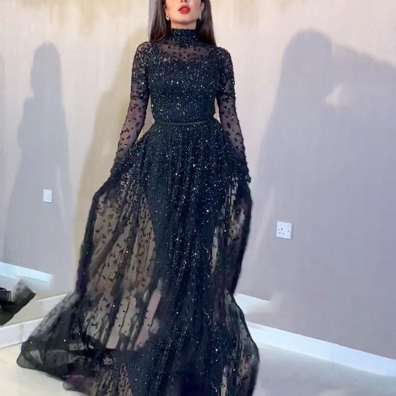 Black Lace Turtle Neck Long Sleeve Prom Dress