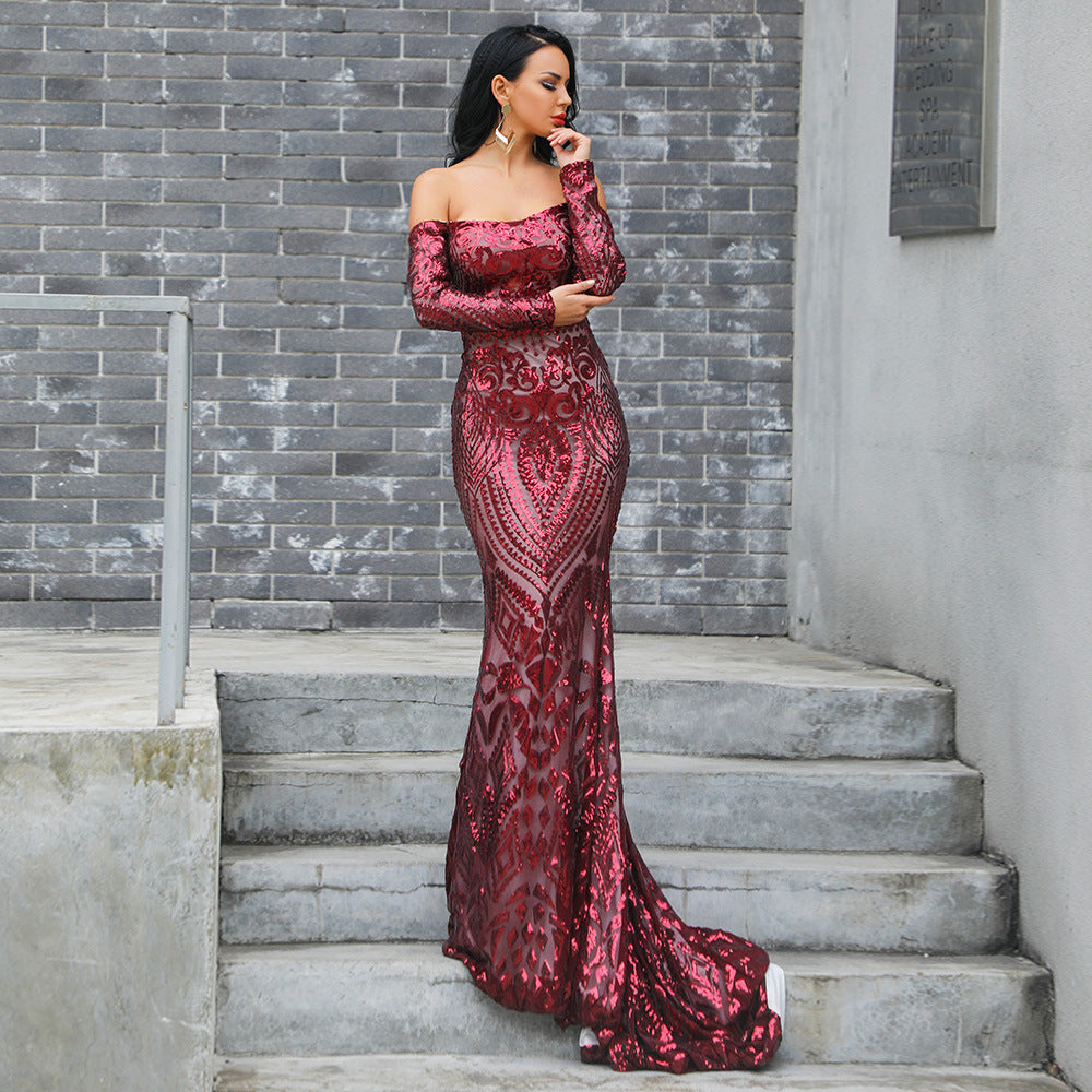 Long Sleeve Off The Shoulder Sequined Wine Red Prom Dress