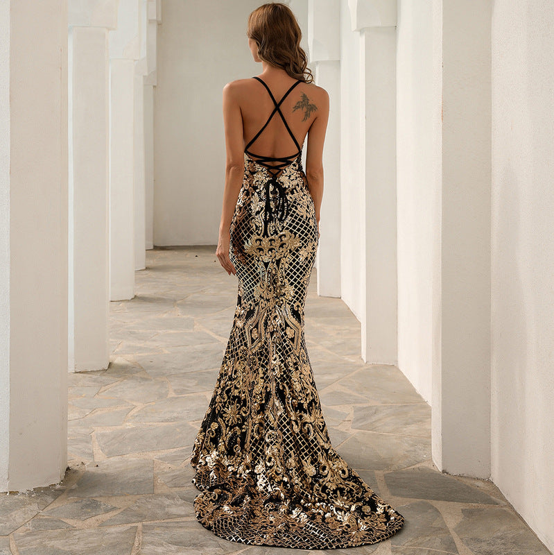 Elegantly Unique Gold and Black Backless and Sleeveless Prom Dress