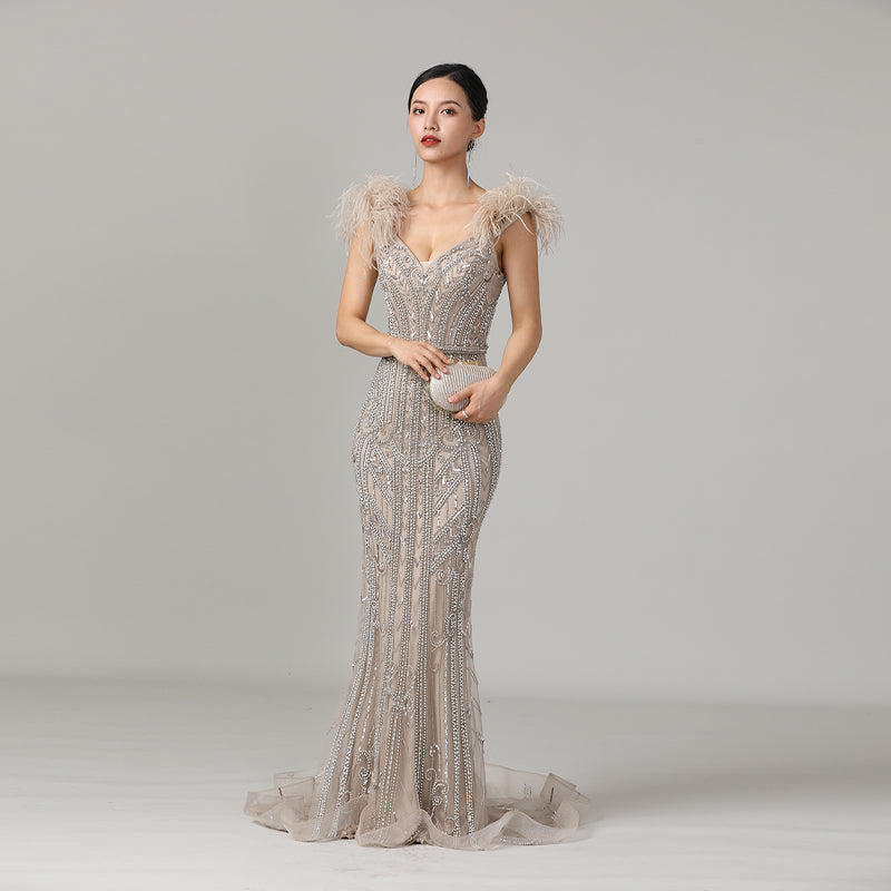 Champagne Beaded Mermaid Prom Dress