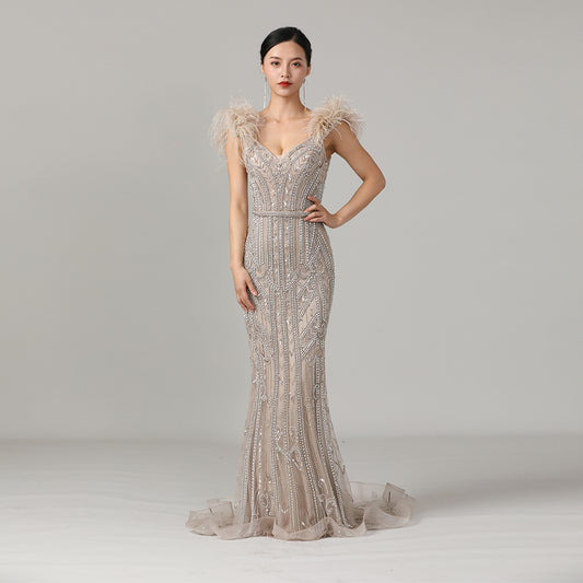 Champagne Beaded Mermaid Prom Dress