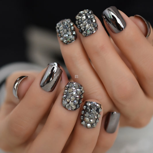 Handmade Metal Diamond Short Press On Nails (3 shapes and styles)