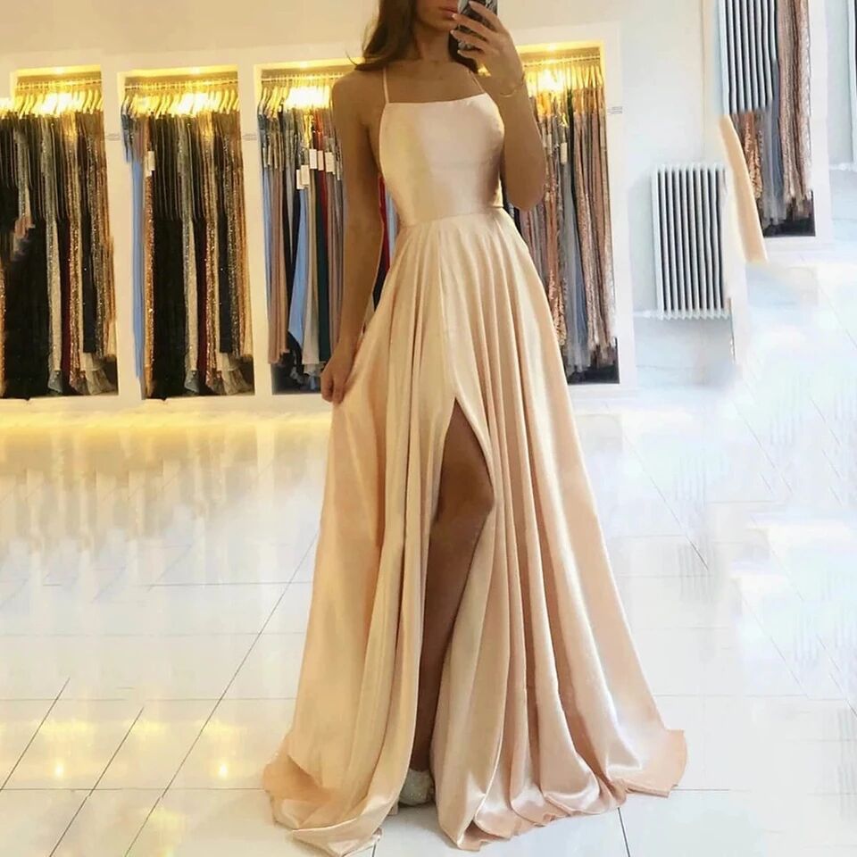 Champagne Satin Backless Prom Dress