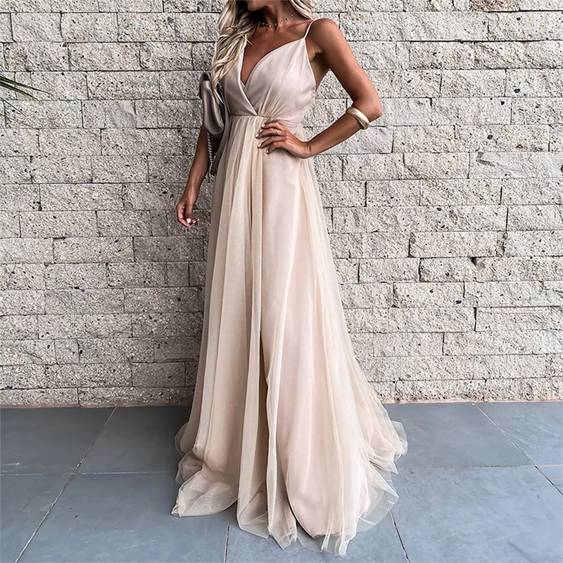 Simple Champagne V Neck Prom Dress