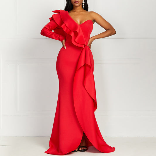 Red Irregular Sleeve Ruffled Prom Dress