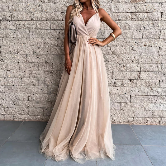 Simple Champagne V Neck Prom Dress