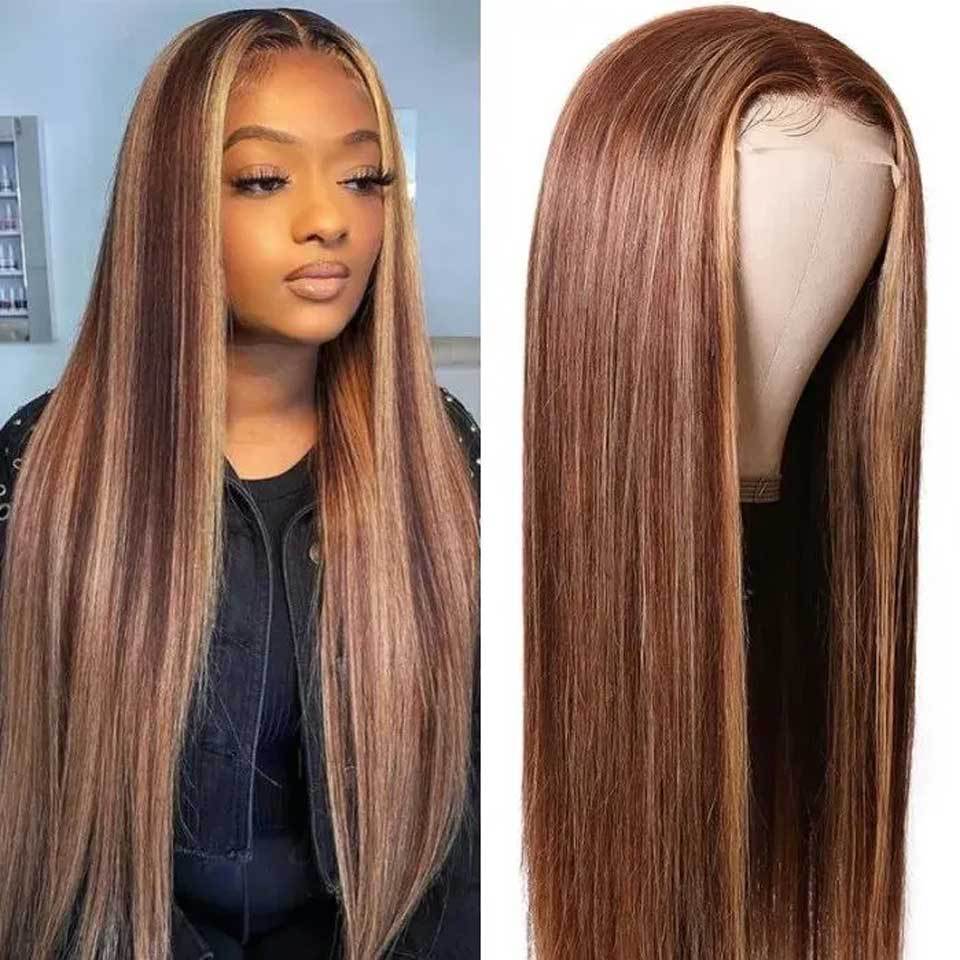 Front Lace Long Straight Highlighted Human Hair Wig (6 different inch lengths)