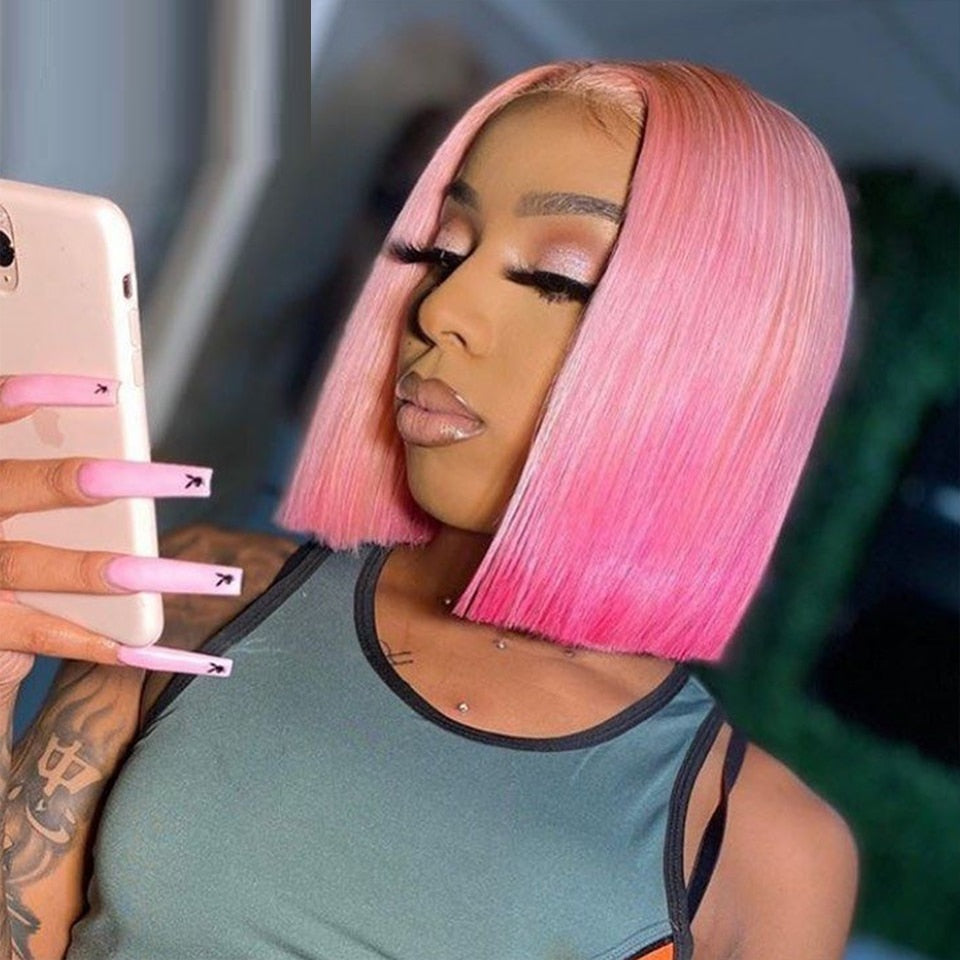 Gradient Pink Front Lace Human Hair Wig (10 different inch lengths)