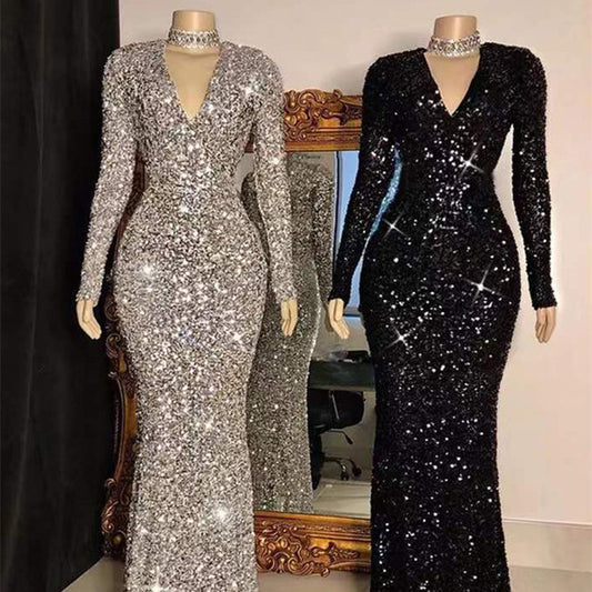 Long Sleeve Sequined Prom Dress (2 colors)