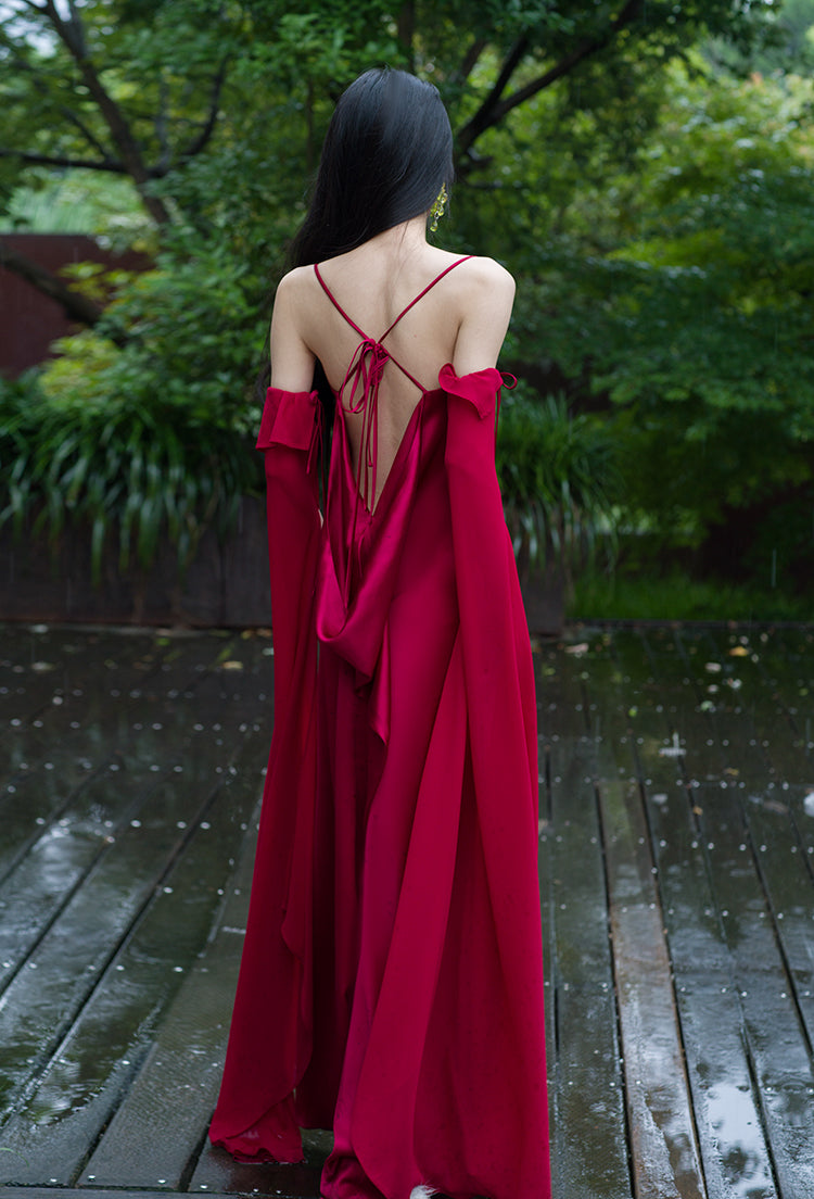 Wine Red Satin Backless Prom Dress