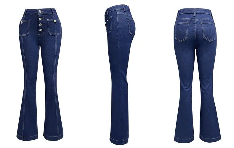 Women's Dark Blue High-Waisted Button-Front Seamed Flared Jeans
