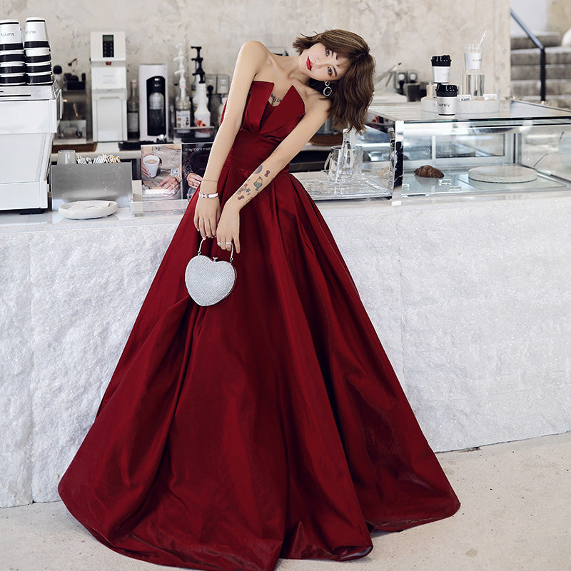 Wine Red Strapless Prom Dress