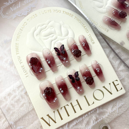 Medium Handmade Wine Red Rose And Butterfly Press On Nails