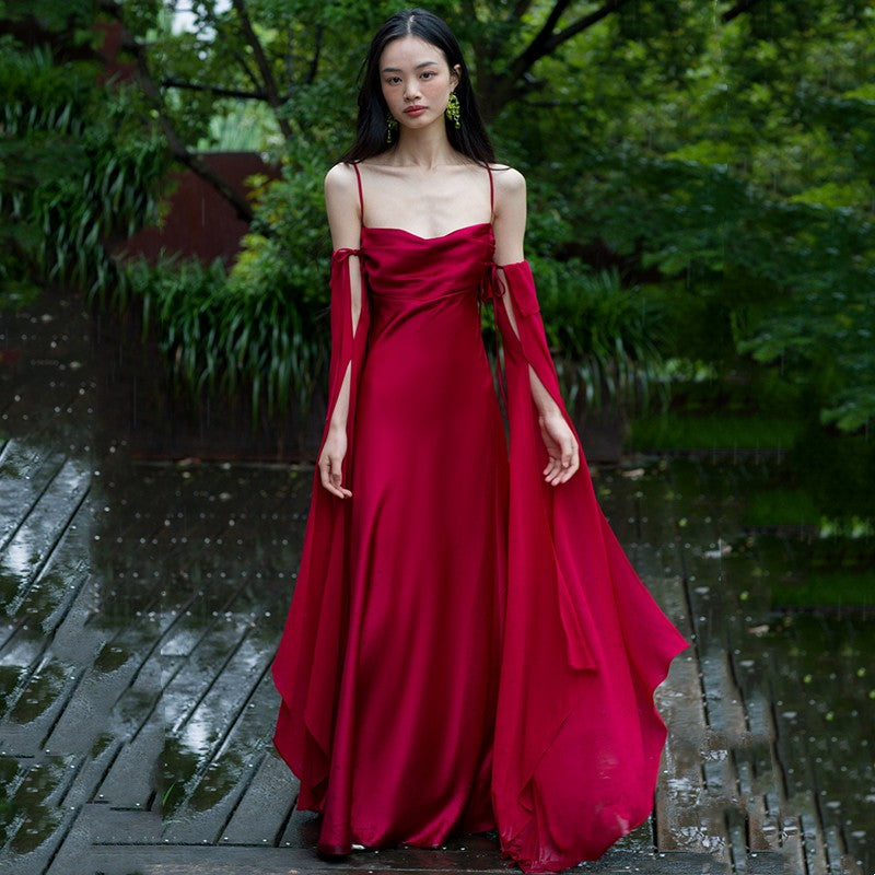 Wine Red Satin Backless Prom Dress