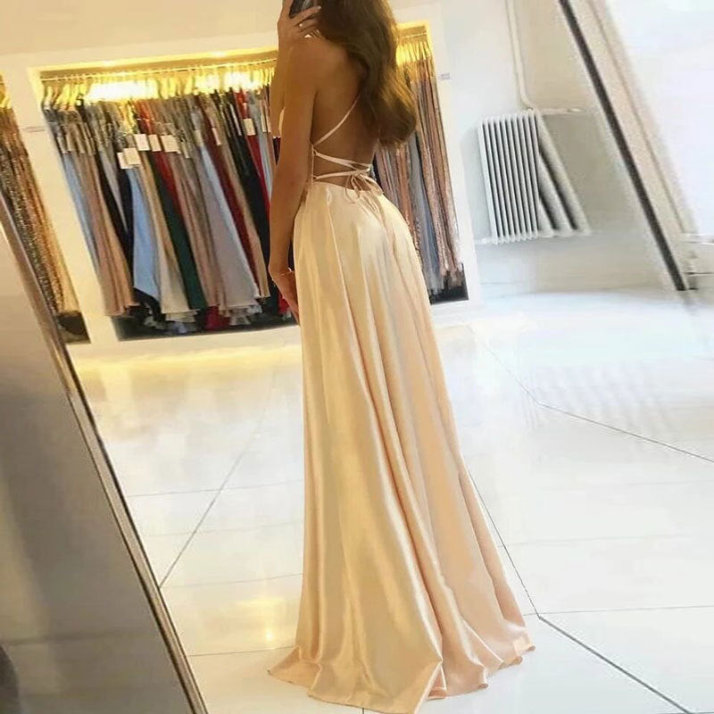 Champagne Satin Backless Prom Dress