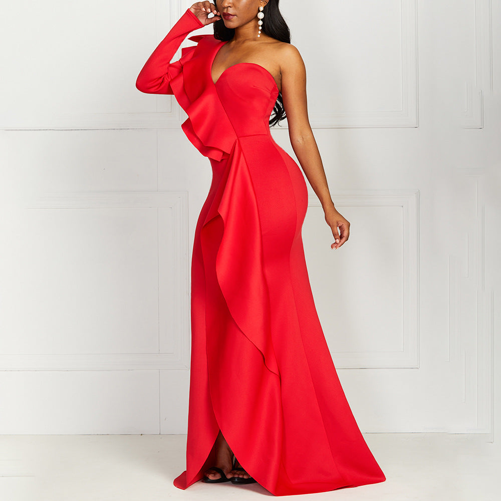 Red Irregular Sleeve Ruffled Prom Dress