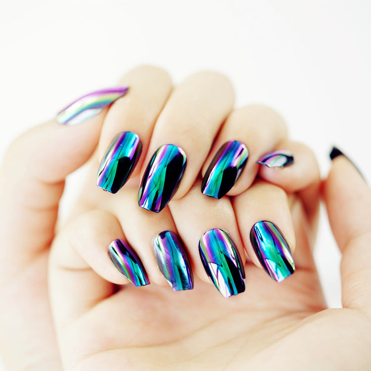 Rainbow Color Changing Mirror Short Coffin Press On Nails