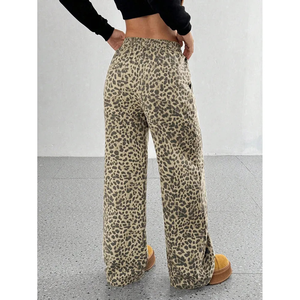 Trendy Light Leopard Print Wide-Leg Pants