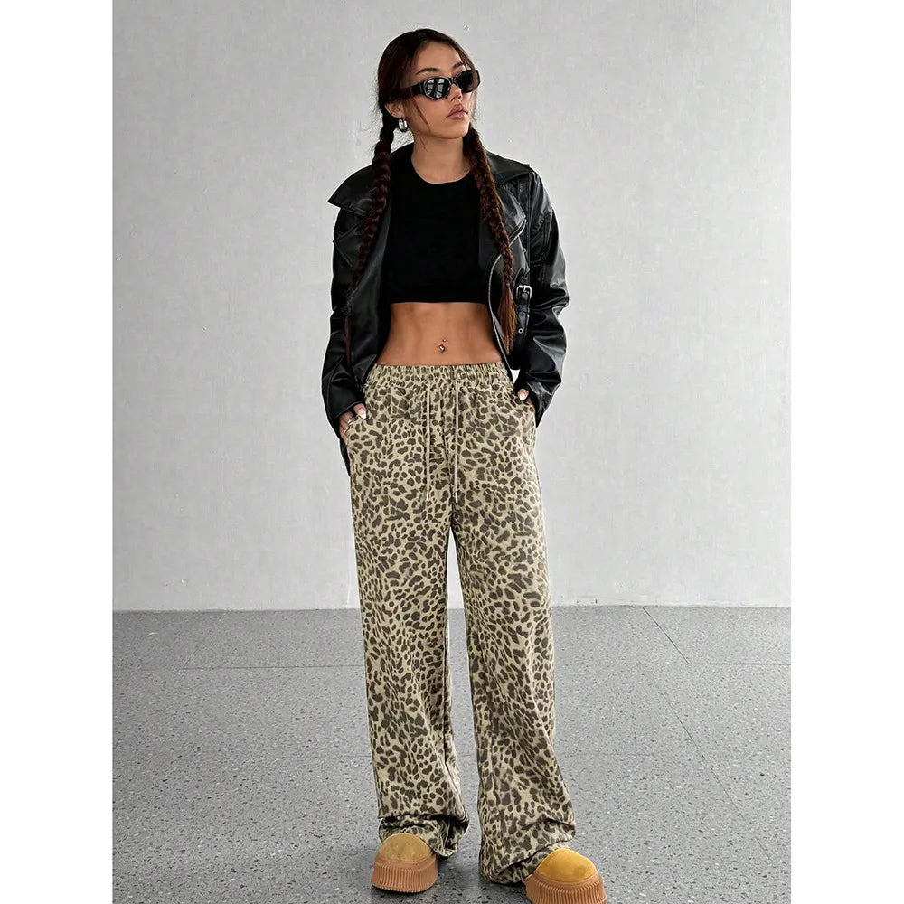 Trendy Light Leopard Print Wide-Leg Pants