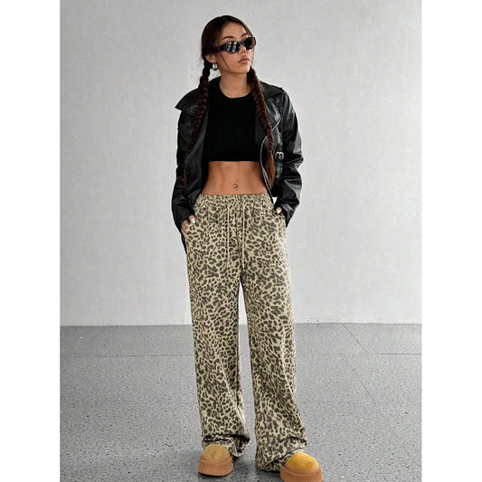 Trendy Light Leopard Print Wide-Leg Pants