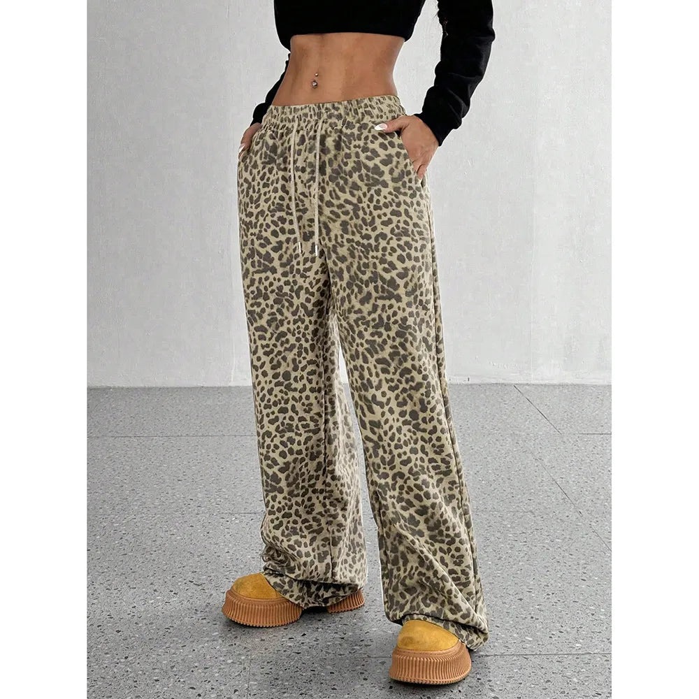 Trendy Light Leopard Print Wide-Leg Pants