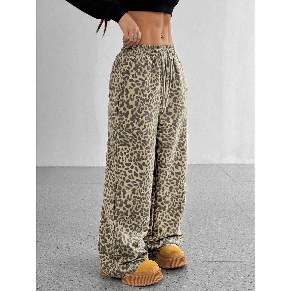 Trendy Light Leopard Print Wide-Leg Pants