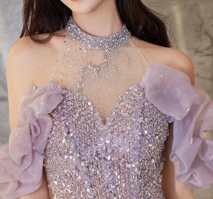 Purple Sequined Heart Shaped Prom Dress