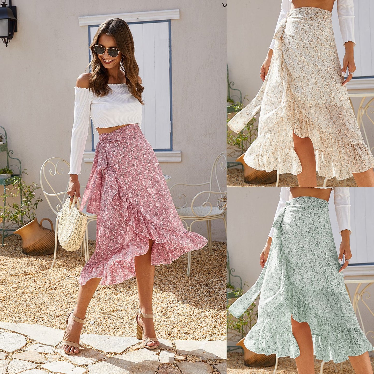 High Waist Tied Midi Floral Split Skirt (5 colors)