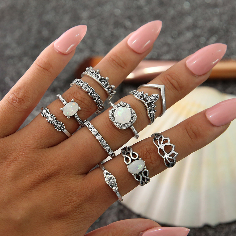 Eleven Piece Silver Opal Ring Set